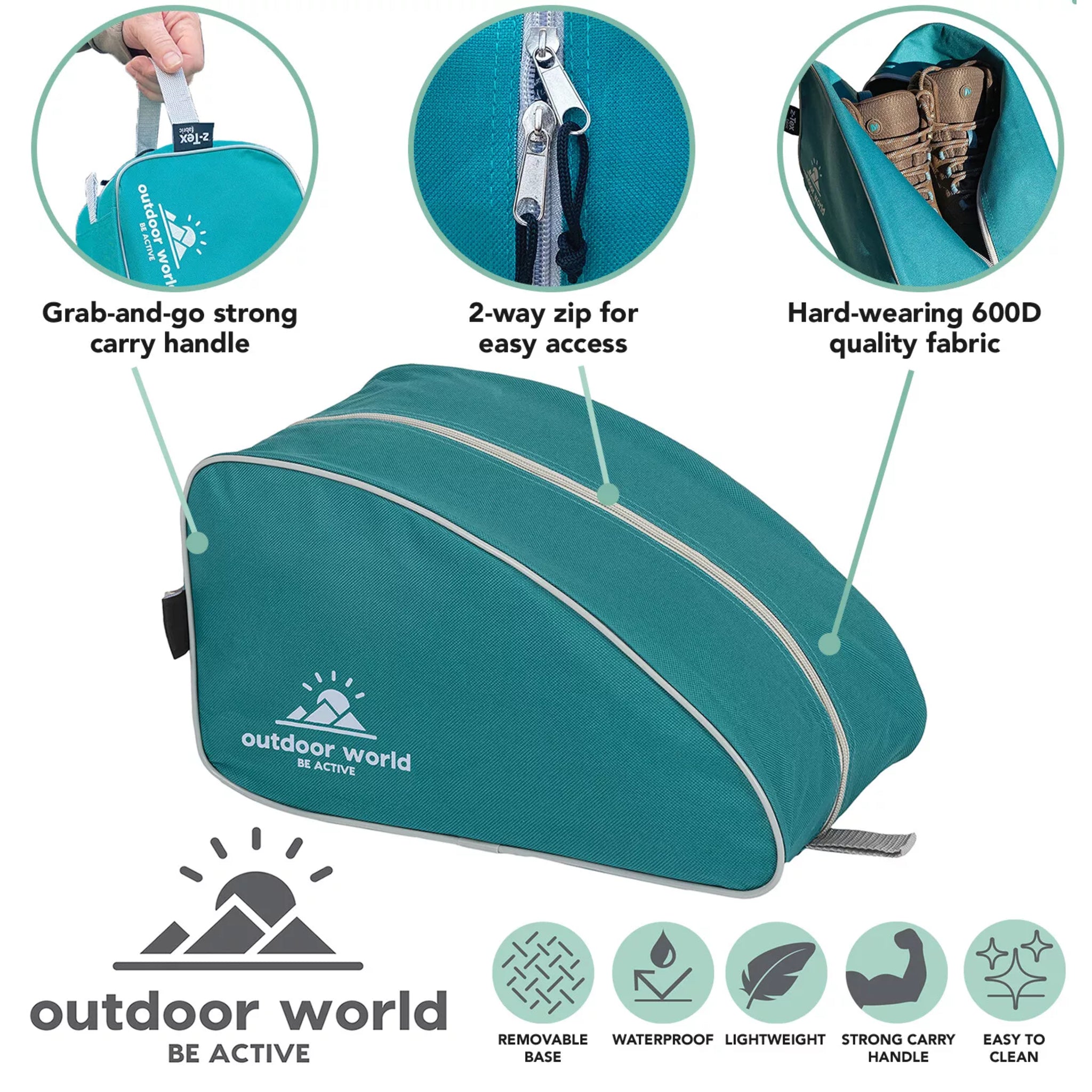 Outdoor World branded waterproof boot bag in teal with 2-way zip, strong carry handle, and durable 600D fabric ā ideal for hiking, sports, and travel
